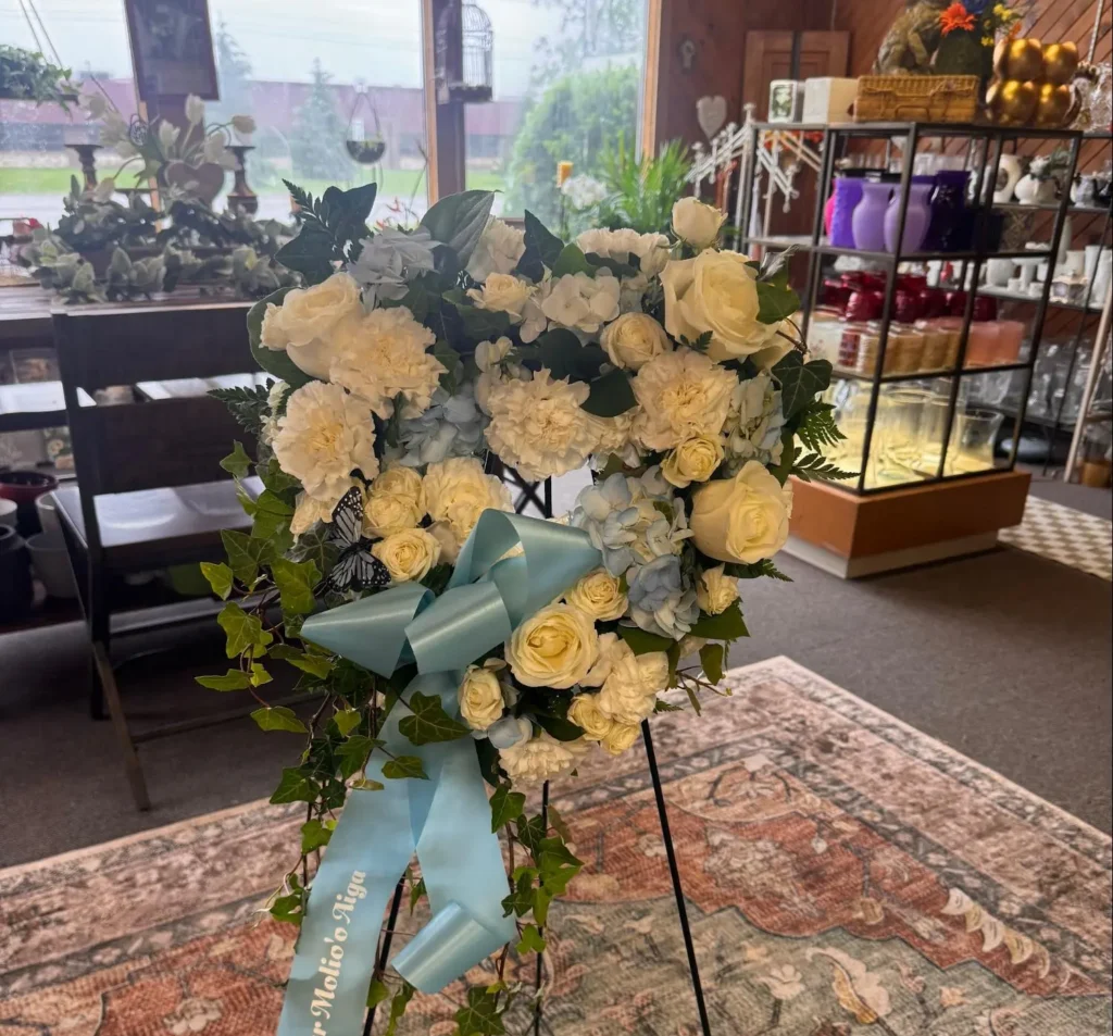 Blue and white sympathy heart wreath handcrafted for funeral services